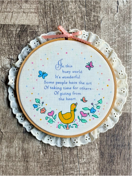 Unbranded Other - Vintage Embroidered Wall Hoop Framed Quote Duck Butterflies Eyelet Lace Trim NIB